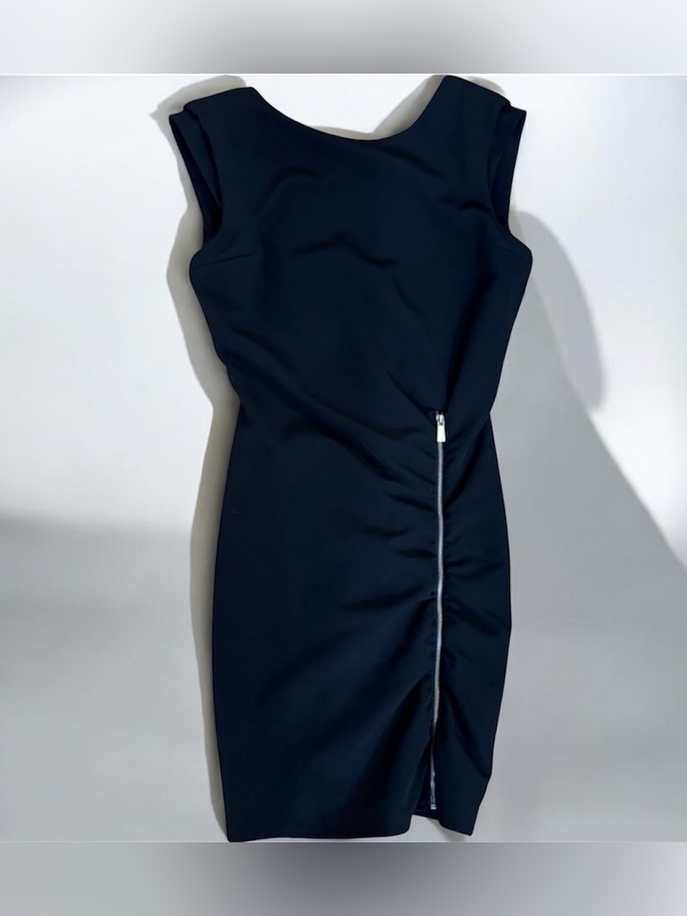 Zara Black Dress Gathered Zipper Down Accent V Back XS
